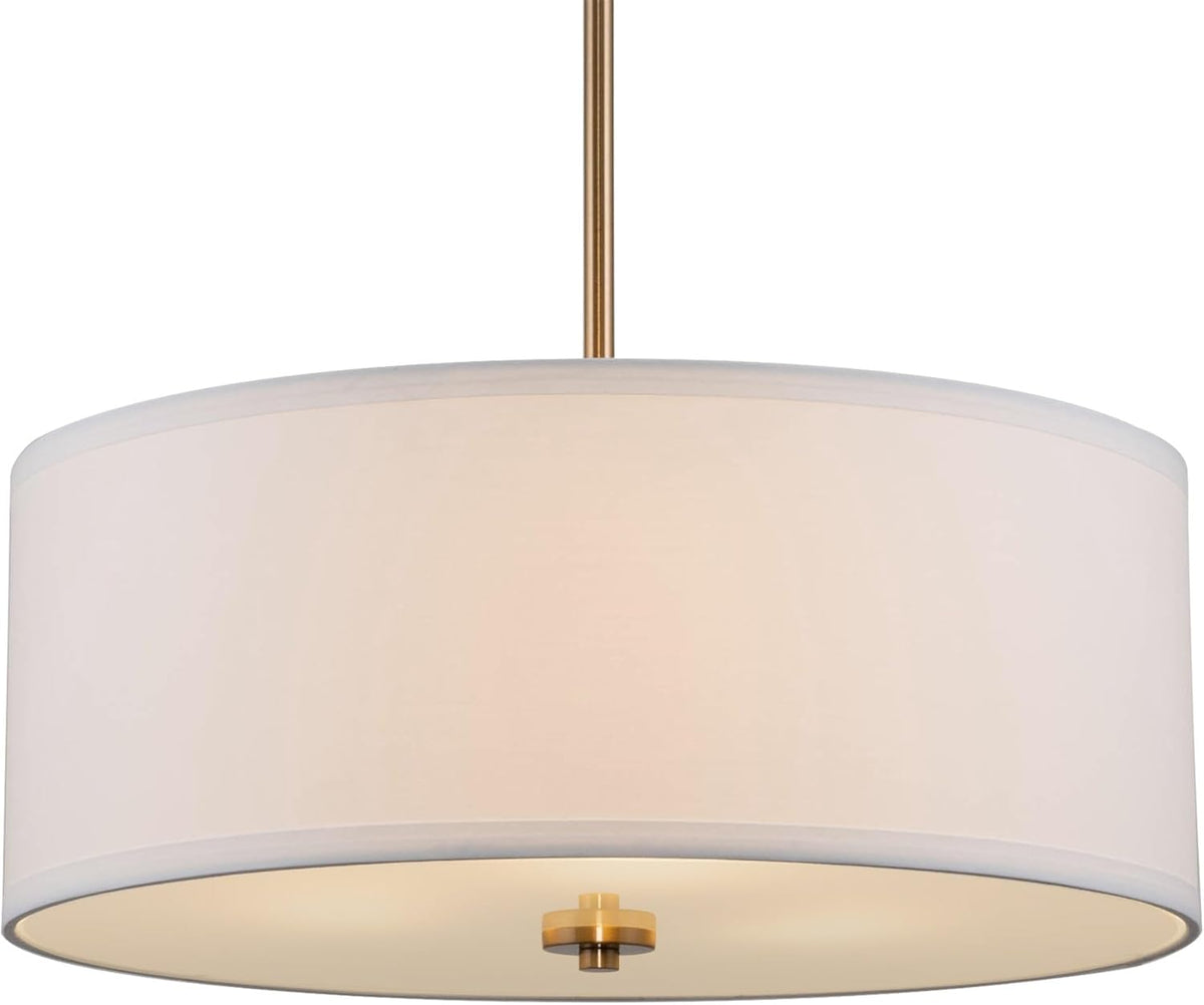 Kira Home Nolan 18" Modern Drum Chandelier with White Fabric Shade, 3-Light Gold Pendant Light with Tempered Glass Diffuser, Cool Brass Finish