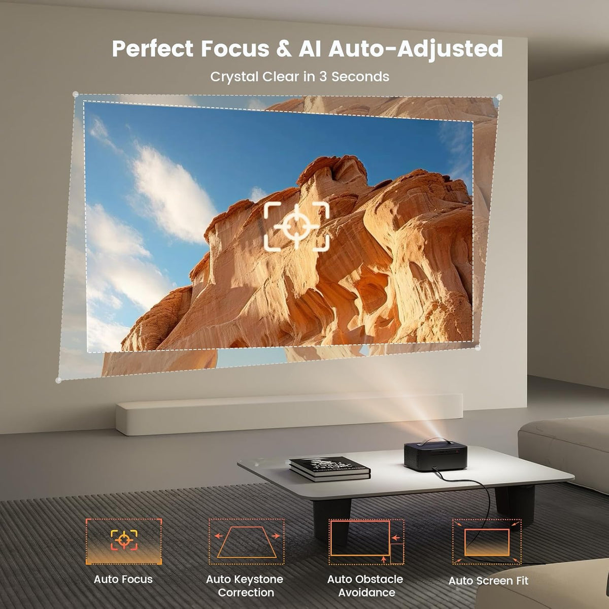 Outdoor-Projector-4K with WiFi and Bluetooth: 3000 Brightness/50W DoIby/Built-in APPs Portable-Projector Smart OS 2.0&AI Auto Focus, ONOAYO Movie Proyector Compatible with Netflix/YouTube/PrimeVideo