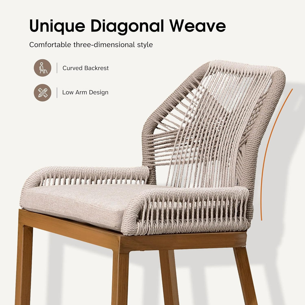 PURPLE LEAF Counter Height Bar Stools Set of 4 Rattan Chair Boho Wicker Metal Counter Stools with Back and Footrest Patio Seating Modern Garden Pool Outdoor Barstools