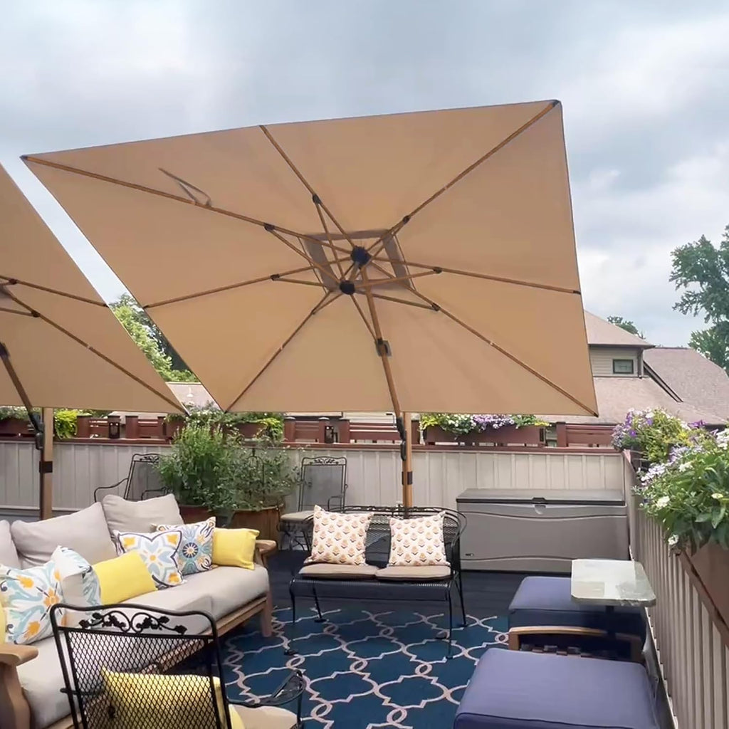 PURPLE LEAF 11FT Patio Umbrella Square Cantilever Umbrella Teak Finished Aluminum Frame Large Windproof Offset Outdoor Sun Umbrellas for Beach Pool Deck, Beige