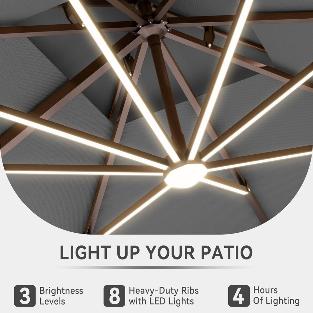 10 X 13 FT Cantilever Outdoor Patio Umbrella with LED Lights Large Heavy Duty 360° Rotation Double Top Offset Rectangular Umbrellas for Backyard Garden Pool Outside Deck, Grey