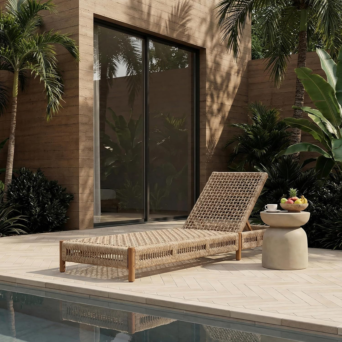 Christopher Knight Home Mercer Acacia Wood Chaise Lounge Chair Outdoor, Poolside Sun Lounger Recliner with Wicker Seat, Patio Outdoor Chaise Lounge, Adjustable Backrest Single Lounge Sofa, Teak+Beige
