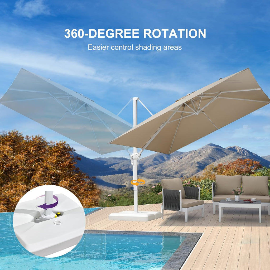 PURPLE LEAF 10 FT White Cantilever Umbrella With Base, Patio Umbrella Outdoor Offset Aluminum Umbrella Windproof with 360° Rotation for Deck Pool Garden, Beige