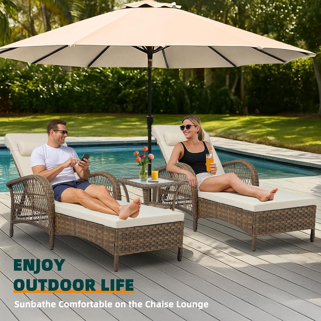 MEETWARM 3 Piece Outdoor Wicker Chaise Lounge Chair Set - Patio Lounge Chairs Set of 2 with Side Table, 6 Position Adjustable Pool Reclining Sunbathing Chair with Cushion, Armrest & Headrest, Beige