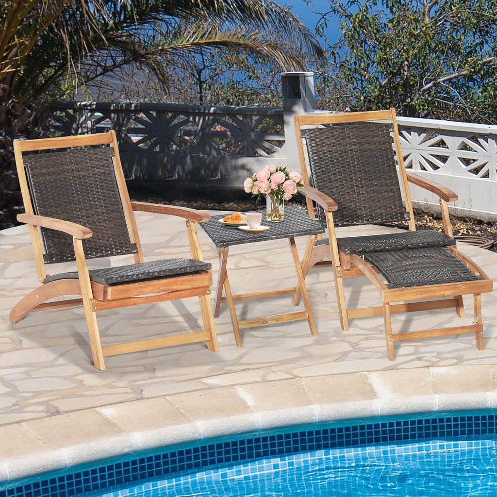 Tangkula Patio Lounge Chair and Side Table Set of 2, Acacia Wood Wicker Folding Table and Armrest Chair with Retractable Ottoman, Acacia Wood Outdoor Chaise Lounger for Garden, Backyard, Poolside (2)