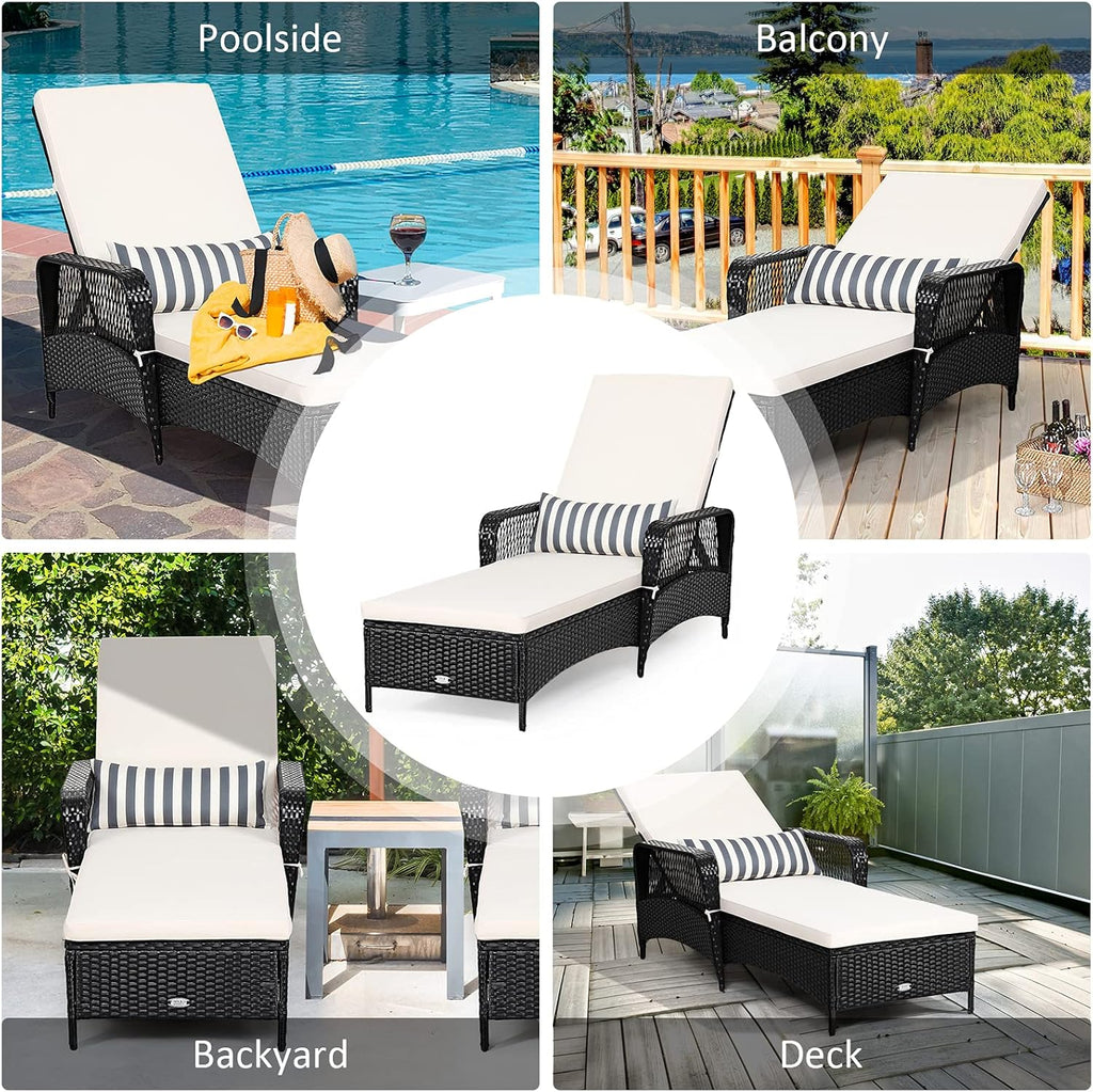 Tangkula Wicker Chaise Lounge Outdoor, Patio Rattan Reclining Chaise with 6-Gear Adjustable Backrest, Thick Padded Cushion & Removable Lumbar Pillow, Pool Lounge Chairs for Outside Balcony Backyard