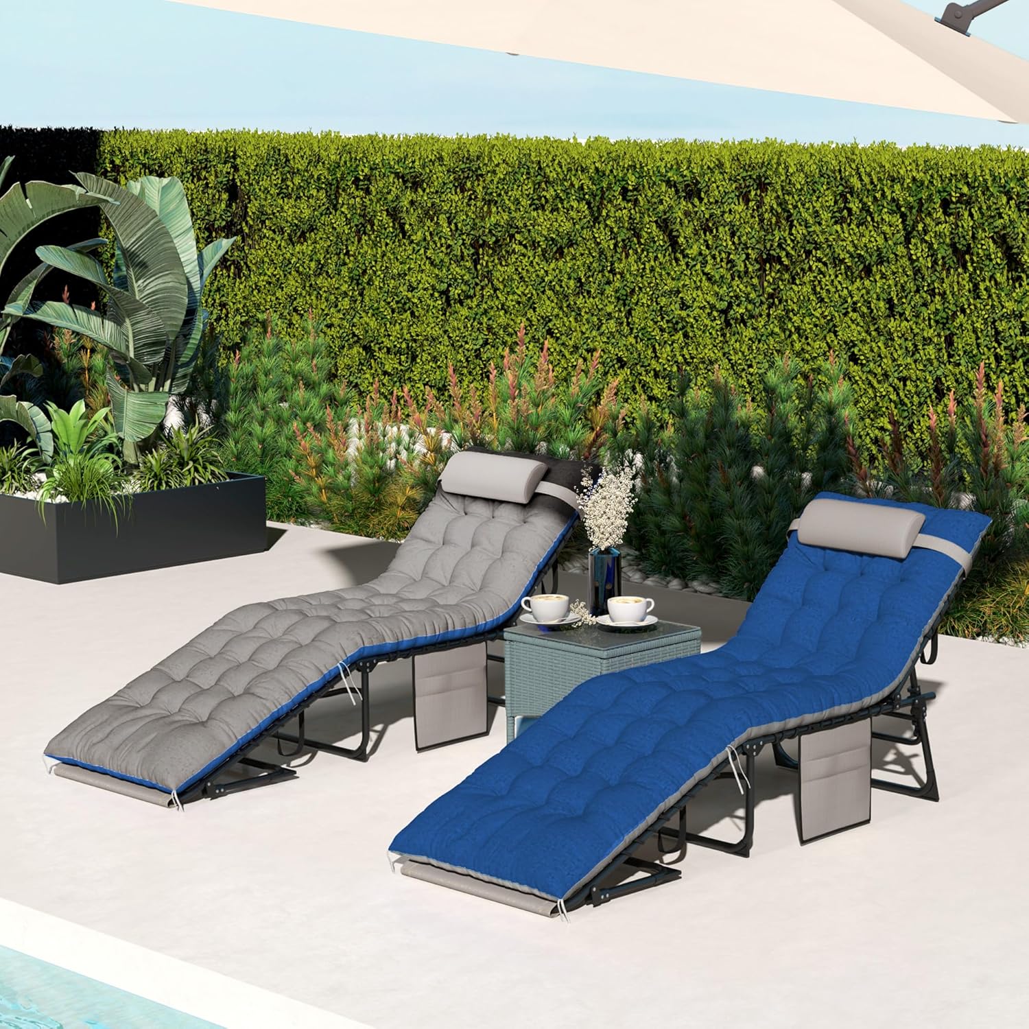 Outsunny Chaise Lounge Chair Outdoor Set of 2, 5-Position Adjustable Outdoor Pool Lounge Chairs, Folding Tanning Chair Beach Lounger with Cushion, Headrest, Side Pocket for Patio, Yard, Brown/Blue