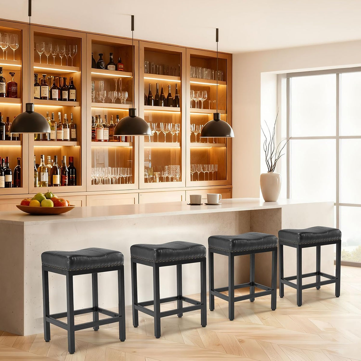 DUMOS Saddle Bar Stools Set of 4, 24 Inch Counter Height Stools with Curved PU Leather Surface, 3.7" Thick Upholstery Bar Height Stools with Footrest for Kitchen Island, Dining, Cafe, Black