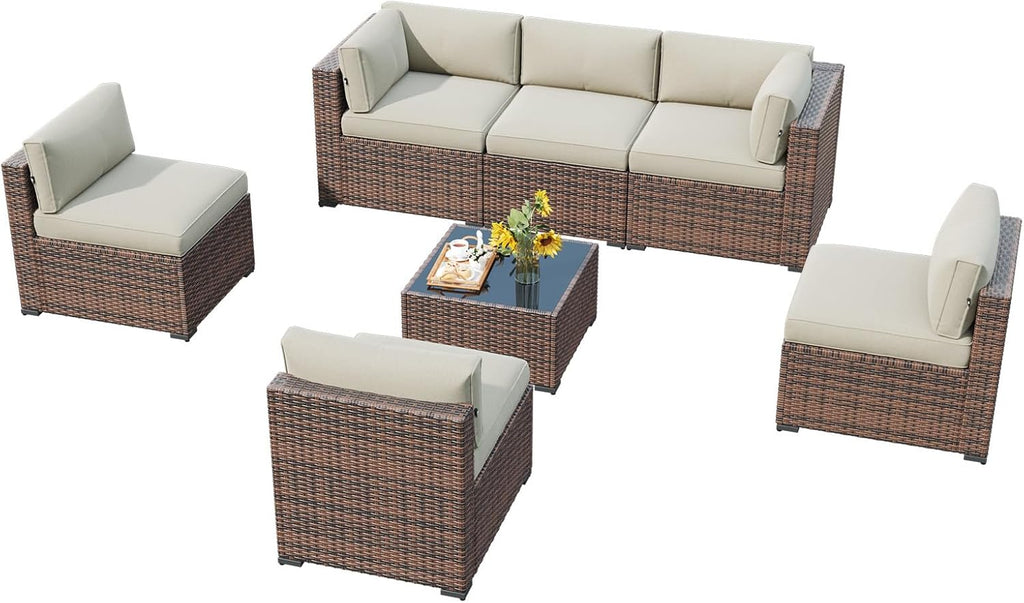 LazySunsets 7 Piece Outdoor Patio Furniture Set with Coffee Table, Outdoor Patio Furniture Sets with Thicken Cushion, Wicker Rattan Outdoor Conversation Set for Backyard & Garden, Beige
