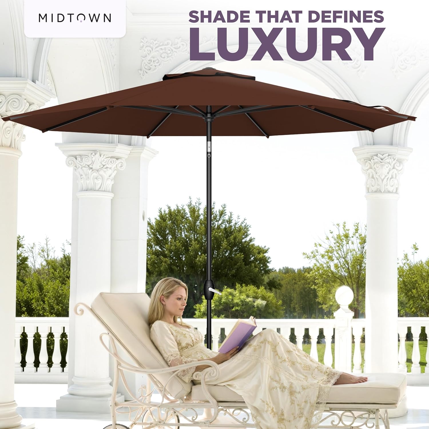 Midtown Umbrellas - The Lean 9 Ft Patio Umbrella with Fade-Resistant Sunbrella Fabric, Auto-Tilt Aluminum Frame and 8 Reinforced Ribs for Deck, Pool & Garden - Bay Brown Canopy, Black Pole