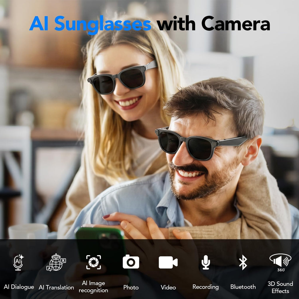 King Will AI Bluetooth Smart Glasses with 8MP Camera & Privacy Protection, 4K 1200P Pro-Stabilized Video Recording, 139+ Language Real-Time Translation, AI Voice Assistant, 8H Playtime, Sunglass Lens