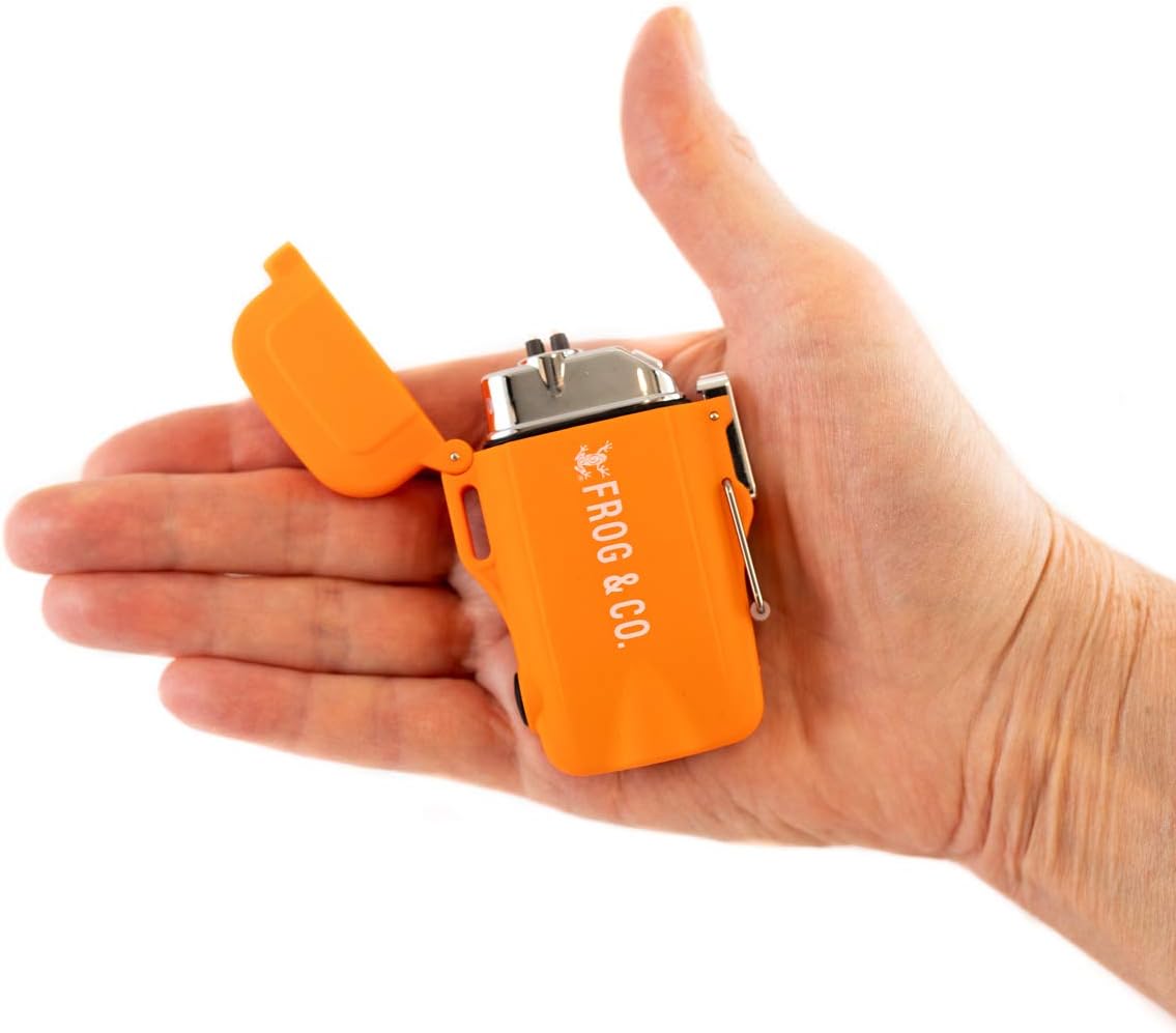 Survival Frog Tough Electric Lighter 2.0 - Waterproof & Windproof Lighters - Flameless Top-Facing Dual Arc Plasma, USB Rechargeable w/Built-in Flashlight, Camping, Survival Fire Starter (Orange)