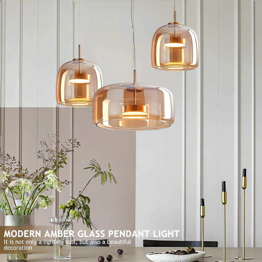 Amber Glass Chandelier Round Pendant Light for Kitchen Island Modern Amber Glass Lampshade with Hanging Lights for Dining Room Living Room Bedroom Coffee Shop Aisle Corridor (B Style)