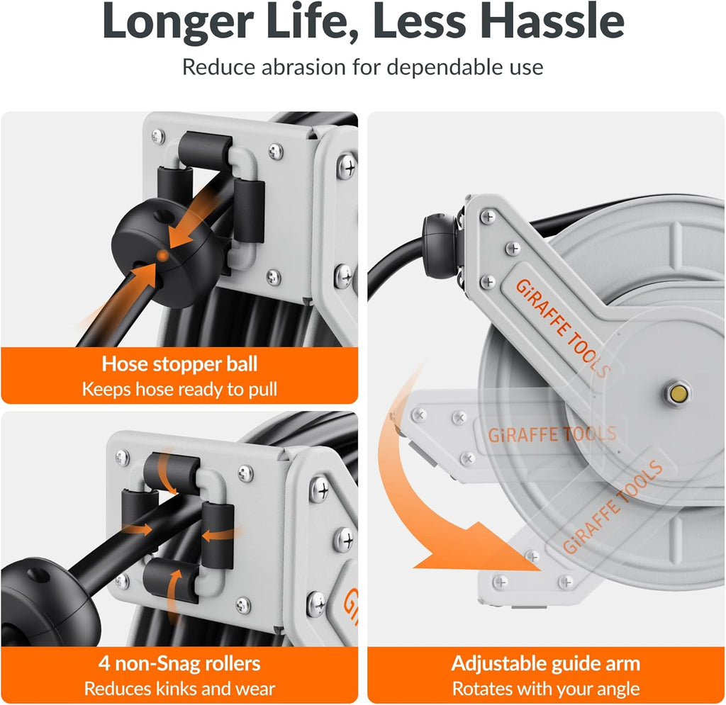 Giraffe Tools Pressure Washer Hose Reel 65ft, 1/4" Power Washer Hose Reel, Automatic Rewind, Wall Mounted, 3200 PSI