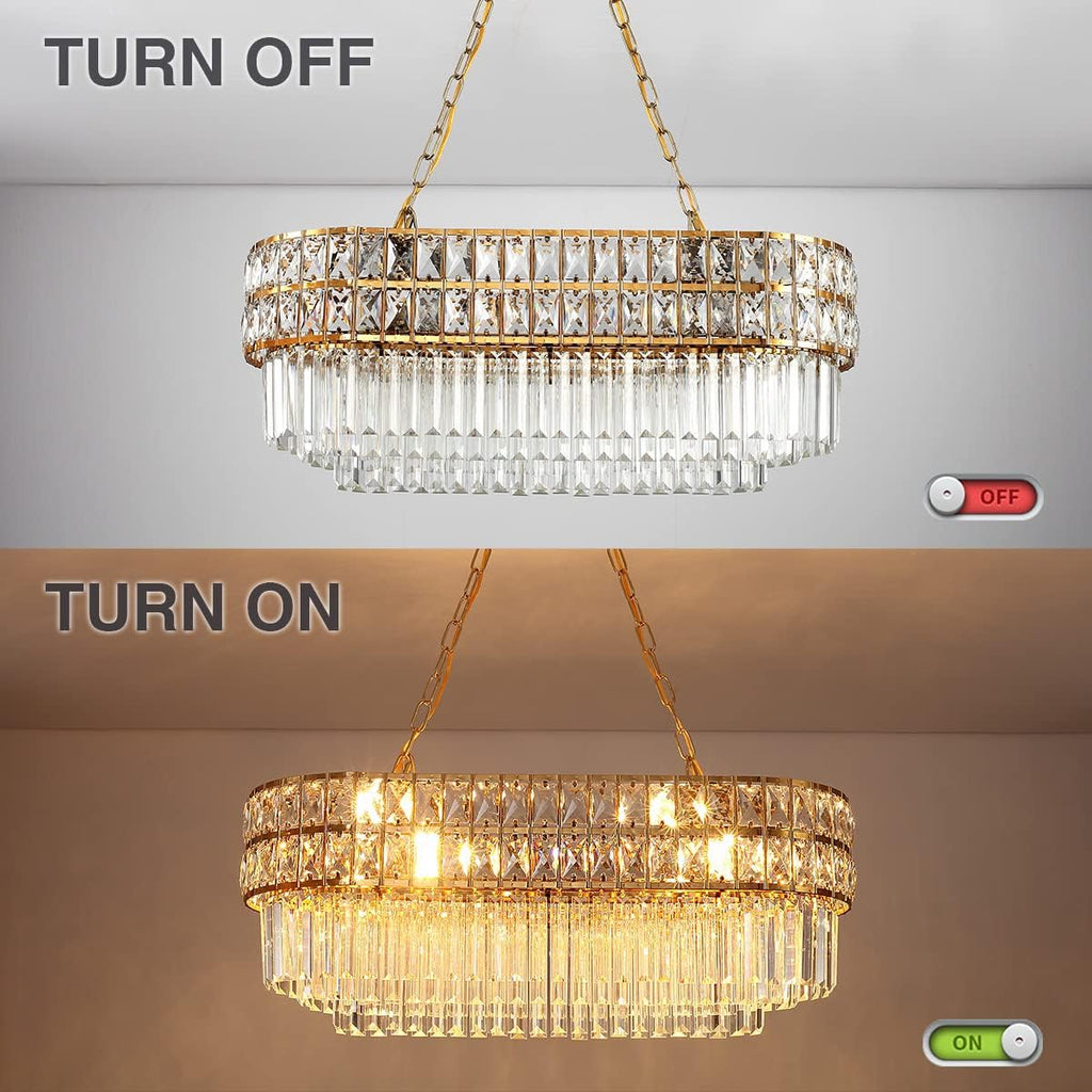 Modern Crystal Chandelier Gold Finish Light Fixture, Oval Crystal Pendant Light Hanging Lamp, for Living Room, Dining Room, Restaurant, E12 x 8, 29.5 x 13 inch