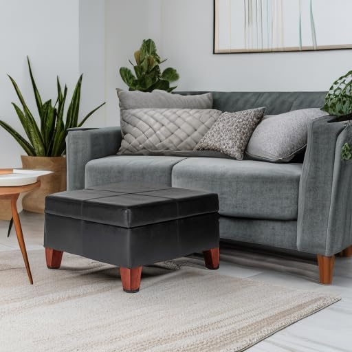 HomePop Faux Leather Square Storage Ottoman with Wood Legs, Black