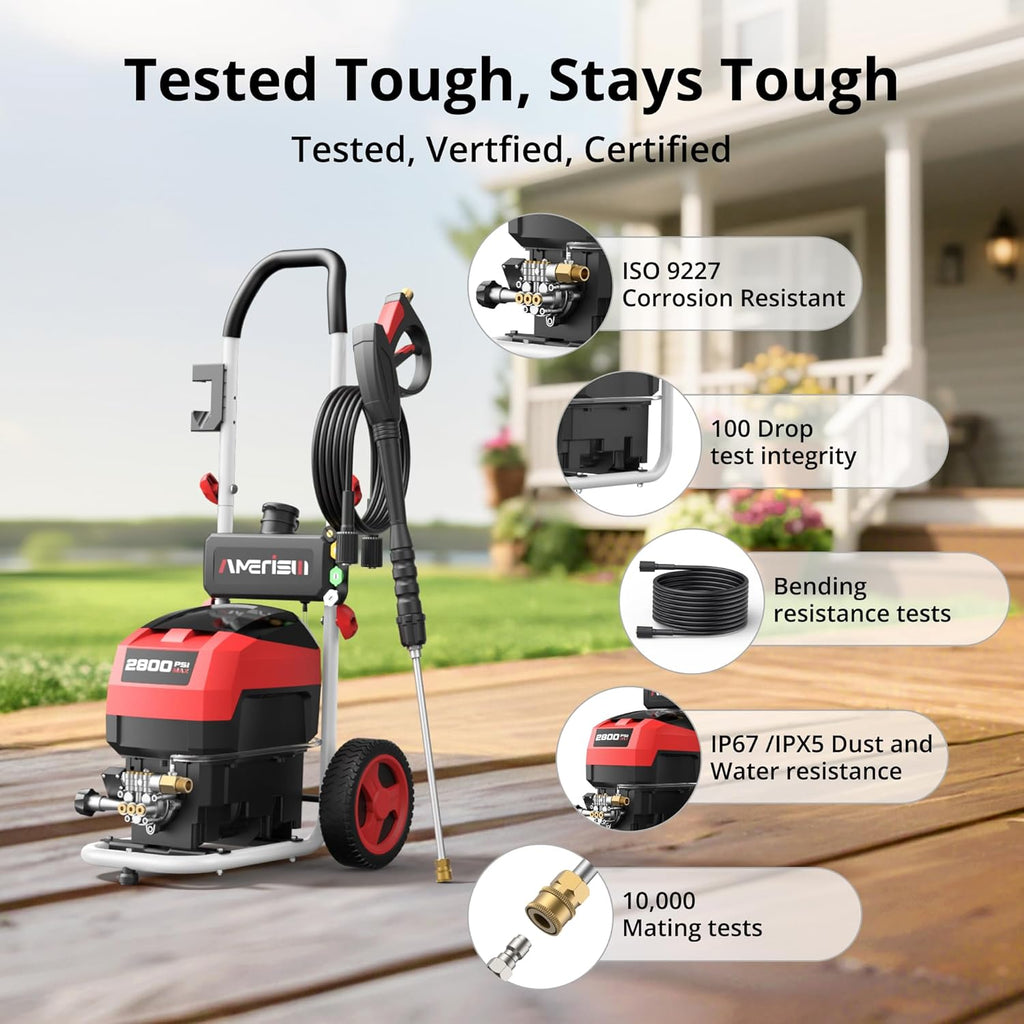 AMERISUN Electric Pressure Washer, 2800 Max PSI and 2.0 GPM, Power Washer with Onboard Soap Tank, Spray Gun and 25 FT Hose, 5 Nozzle Set (1 Turbo), for Cars/Driveways/Patios/Furniture/Deck