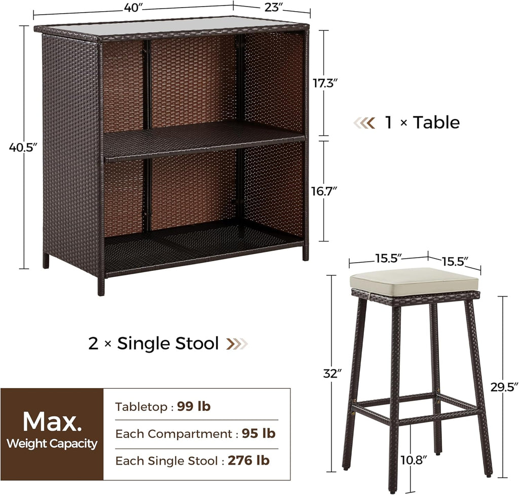 Yaheetech 3pcs Outdoor Bar Set, Patio Wicker Bar Furniture with 2 Storage Shelves, Glass Top Table, Cushions and Two Stools, Brown/Khaki