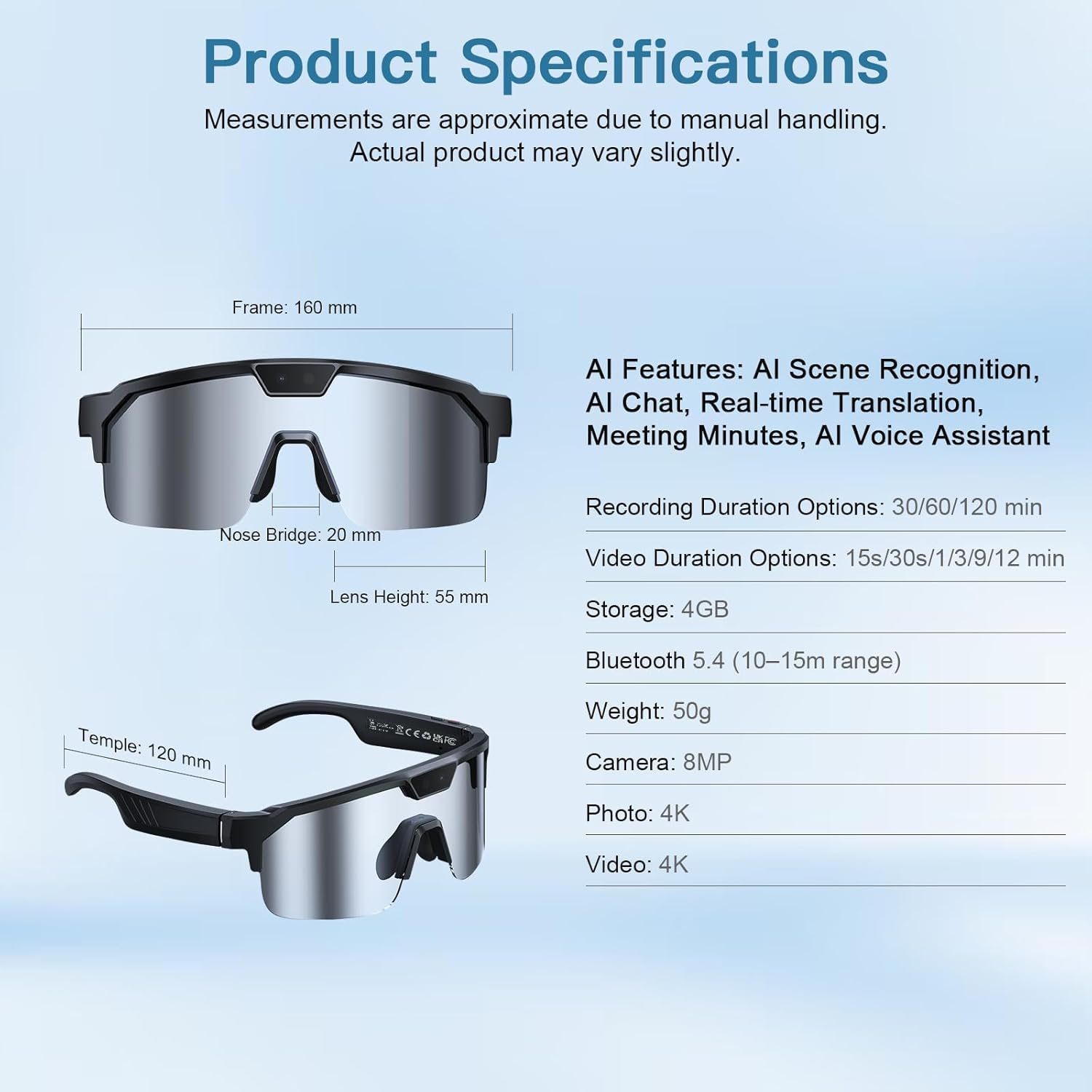 GenXenon AI Smart Glasses with Camera, 4K Video Recording Sunglasses with Camera, UV400 Polarized, Voice Assistant & 6-Axis EIS Stabilization, Unisex Bluetooth Glasses for Cycling/Hiking/Baseball -S