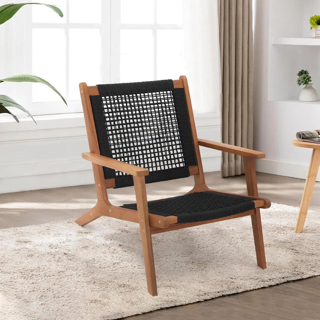 Verano Garden Mid Century Modern Accent Armchair Set of 2, Reading Lounge Chair with Handwoven Rope and Solid Acacia Wood Frame for Living Room, Bedroom, Patio,Balcony
