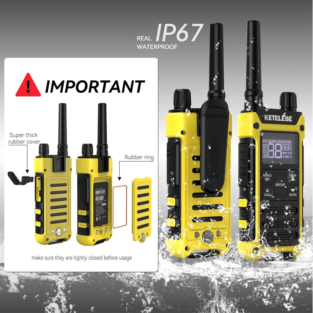 KETELESE T3F IP67 Waterproof Two Way Radios, FRS Walkie Talkie 4 Pack with Earpieces,USB C Charge Dock,Group Talk,Flashlight,VOX,Weather Alert, for Adults, Black/Yellow