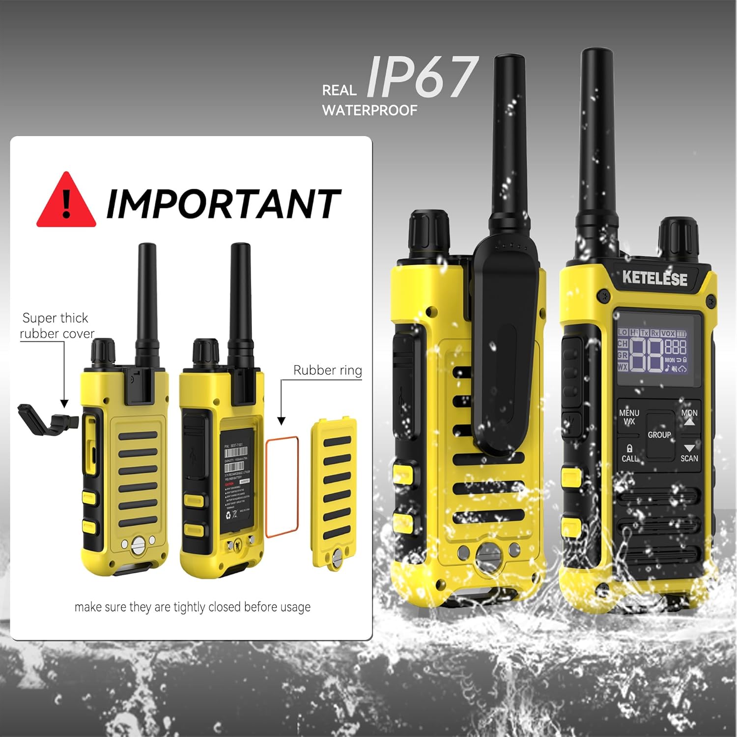 KETELESE T3F IP67 Waterproof Two Way Radios, FRS Walkie Talkie 4 Pack with Earpieces,USB C Charge Dock,Group Talk,Flashlight,VOX,Weather Alert, for Adults, Black/Yellow