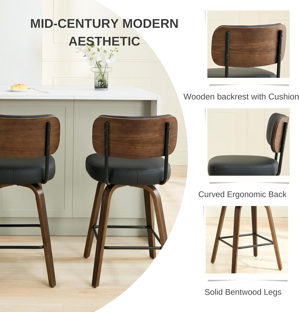 Swivel Bar Stools Set of 3, 26" Upholstered Counter Height Bar Stools with Back and Walnut Wood Legs, Faux Leather Barstools for Kitchen Counter, Black