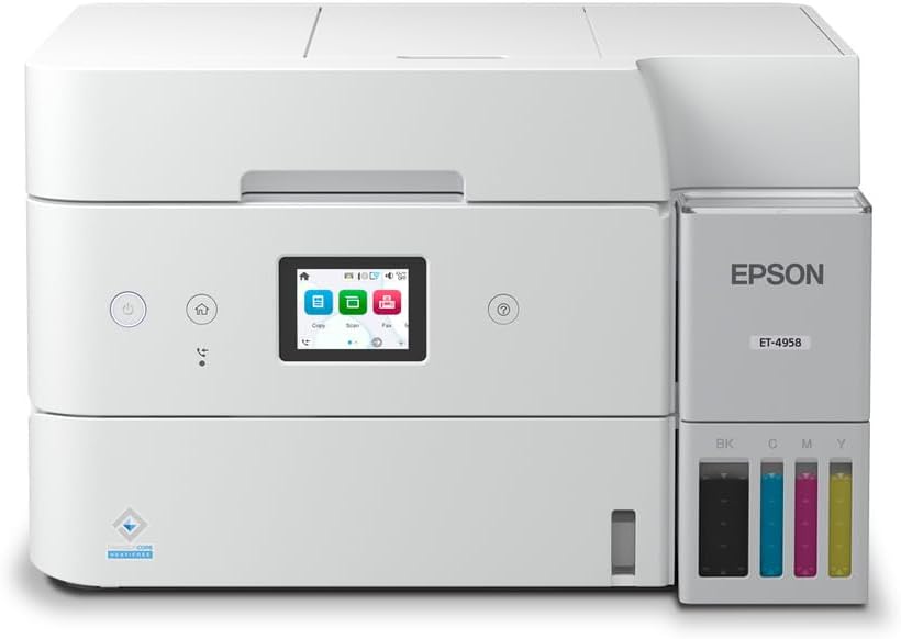 Epson EcoTank ET-4958 Wireless All-in-One Color Supertank Printer, Refillable Tanks, 2.4" Color Touchscreen, Auto Document Feeder, Auto Duplex Print/Copy, Scan, 250-Sheet Paper Tray – White