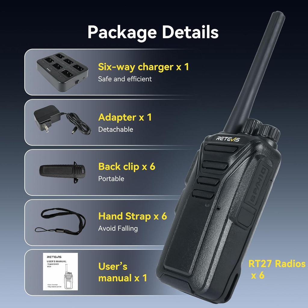 Retevis RT27 Walkie Talkies for Adults, Heavy Duty Two Way Radios, VOX Hands Free, Local Alarm, Rugged 2 Way Radio (6 Pack) with Six-Way Charger, for School Construction Site Manufacturing Restaurant
