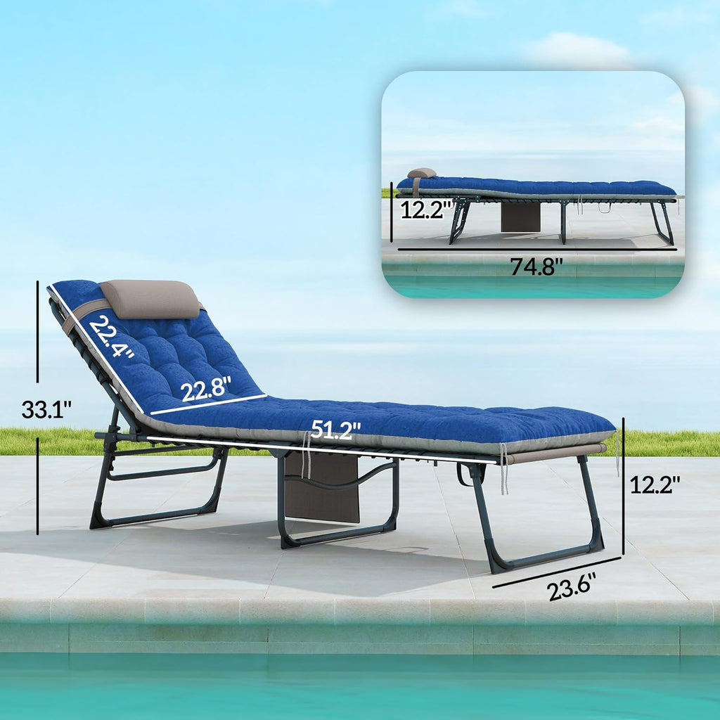 Outsunny Chaise Lounge Chair Outdoor Set of 2, 5-Position Adjustable Outdoor Pool Lounge Chairs, Folding Tanning Chair Beach Lounger with Cushion, Headrest, Side Pocket for Patio, Yard, Brown/Blue
