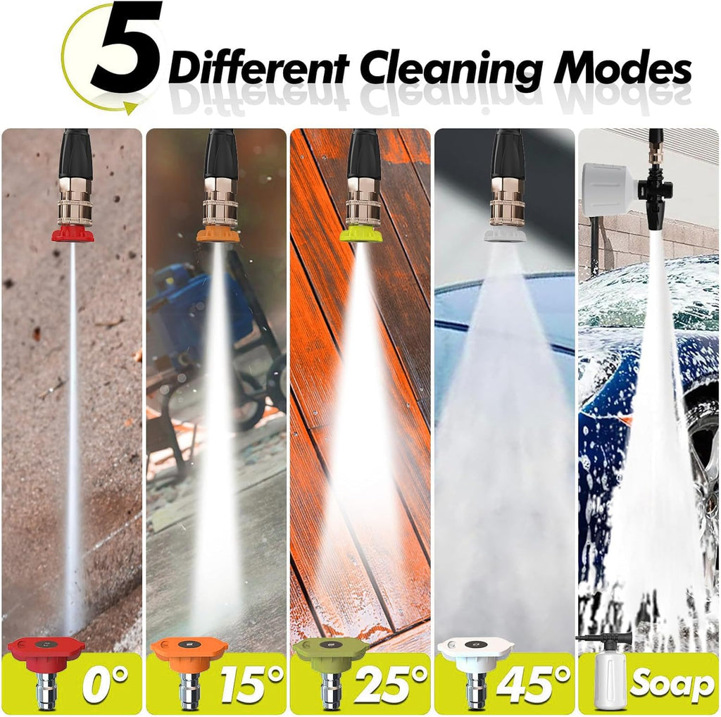 5000PSI PowerWasher with 4 Quick Connect Nozzles, Foam Cannon for Car, Lane, Patio Cleaning, Hydro Jet Pressure Hose Water Wand for Gutter Patio Car Garden Window, Yellow