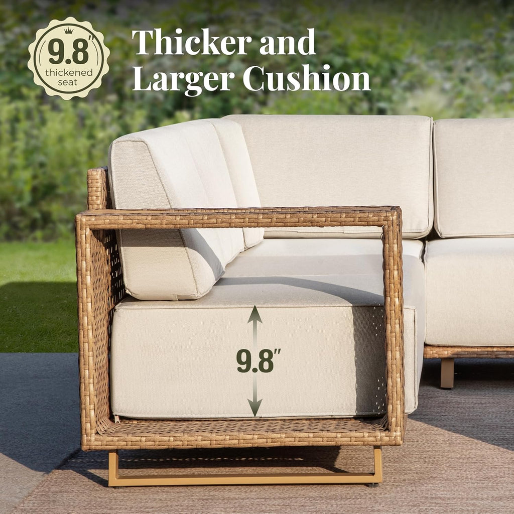 MIXPATIO Patio Sectional Furniture Set, 6 Piece Outdoor Wicker Sofa Couch Set, Yellow Rattan Modular Outdoor Conversation Sets with 10" Extra Thick Cushions, Low Profile Lawn Deck Garden Furniture