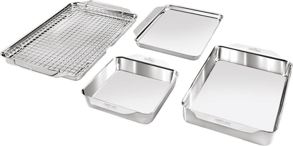 All-Clad Stainless Steel Baking Pans 5-Piece Set-Tri-ply Bonded for Consistent Baking- Includes Square and Rectangular Baking Pans, Baking Sheets, & Cooling Rack- Professional Stainless Steel Bakeware