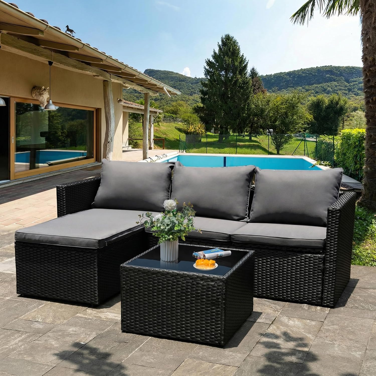 Shintenchi 4 Pieces Patio Furniture Sets, Outdoor Sofa Patio Sectional Sets All Weather, 2-in-1 Wicker Rattan Seating Sofa Couch with Cushions & Coffee Table for Yard, Garden, Porch, Poolside (Gray)