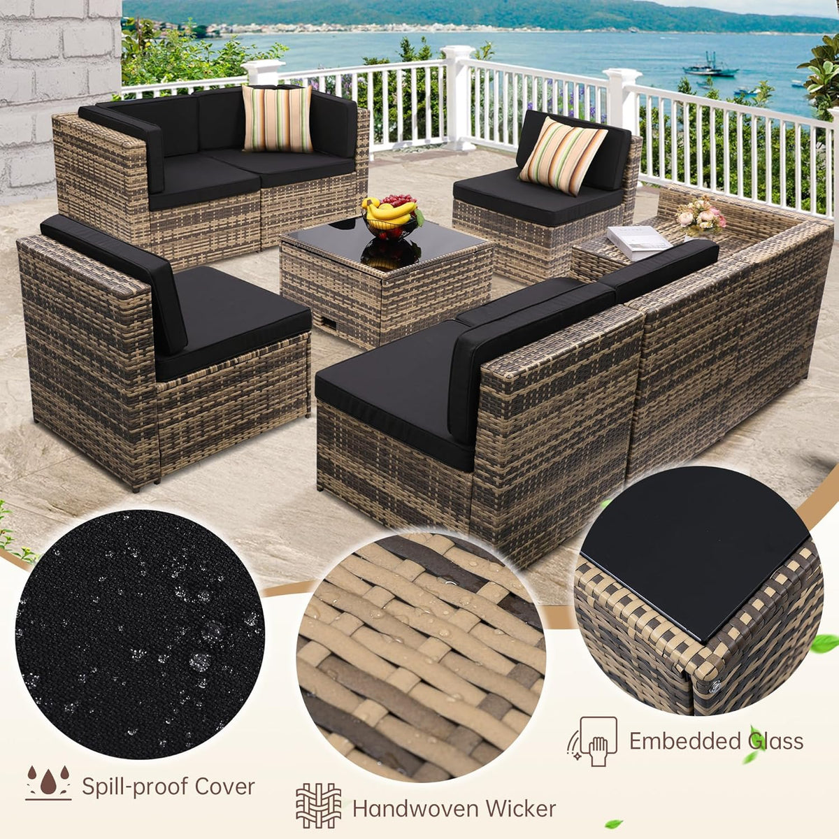KROFEM 8-Piece Patio Furniture Set, Outdoor Wicker Rattan Sectional with Thick Cushions, Glass Top Table with Hidden Storage, Outdoor Conversation Set for Backyard, Porch, Patio, Black