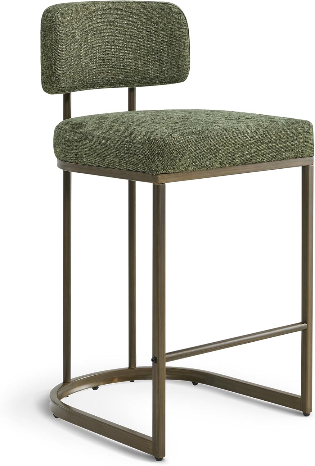 26" H Counter Height Bar Stools Set of 3, Modern Linen Fabric Upholstered Barstools with Backrest for Kitchen Island, Gold Metal Frames, Green