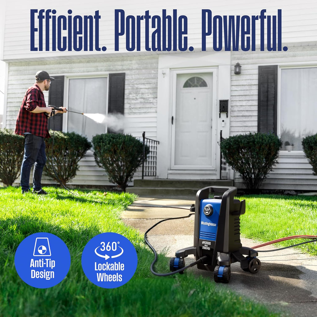 Westinghouse ePX3500 Electric Pressure Washer, 2500 Max PSI 1.76 Max GPM with Anti-Tipping Technology, Onboard Soap Tank, Pro-Style Steel Wand, 5-Nozzle Set, for Cars/Fences/Driveways/Home/Patios