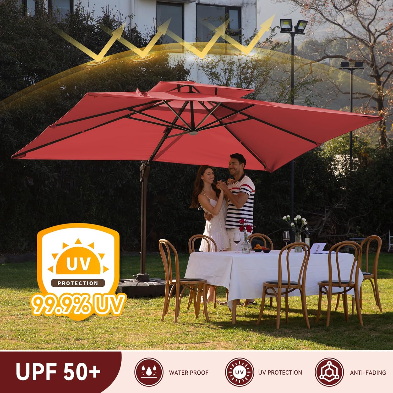 10 X 13 FT Cantilever Outdoor Patio Umbrella with LED Lights Large Heavy Duty 360° Rotation Double Top Offset Rectangular Umbrellas for Backyard Garden Pool Outside Deck, Red