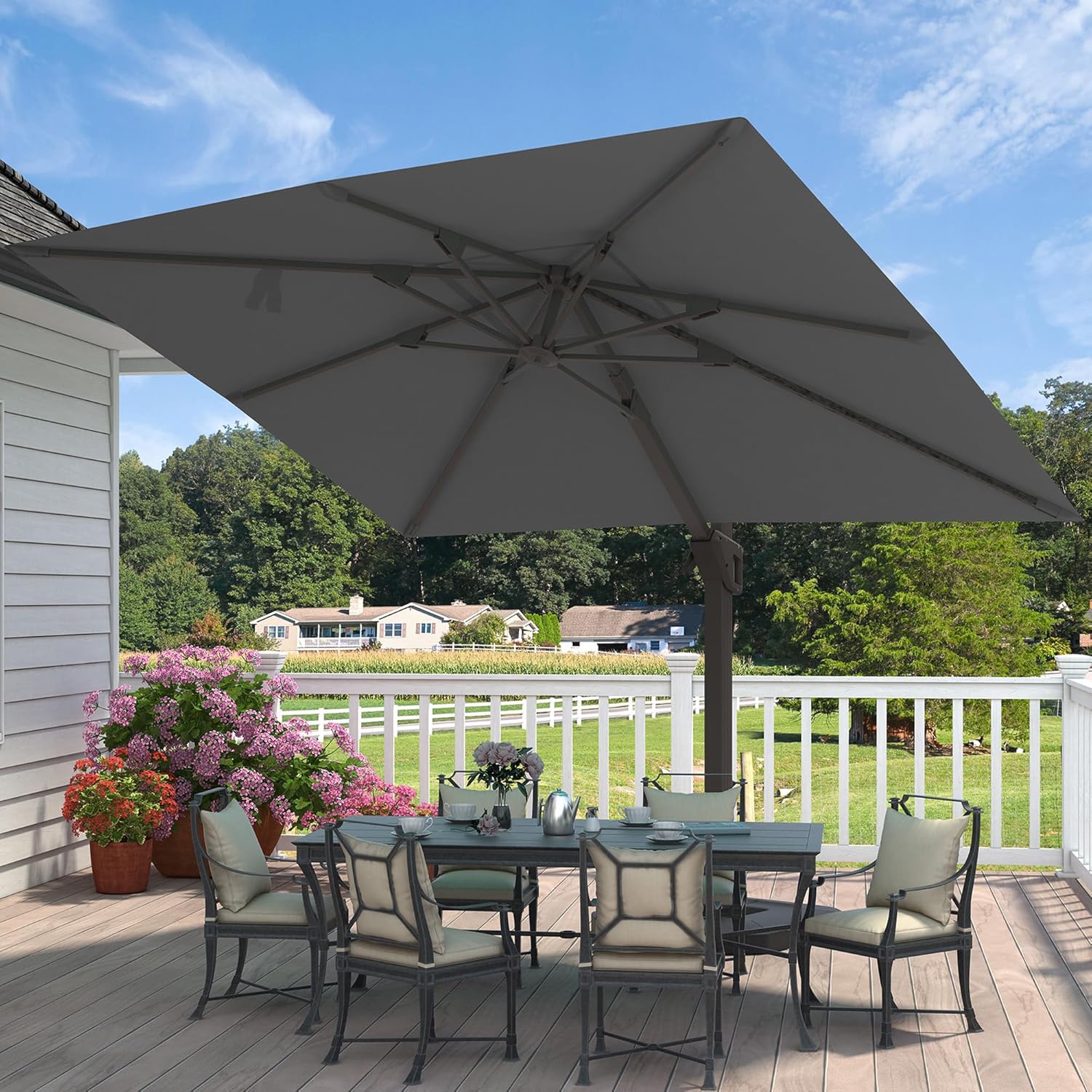 9' X 12' Cantilever Patio Umbrella Rectangular Outdoor Large Offset Umbrellas with 7 Tilts Adjustable 360°Rotation for Deck Pool Garden Backyard, Grey
