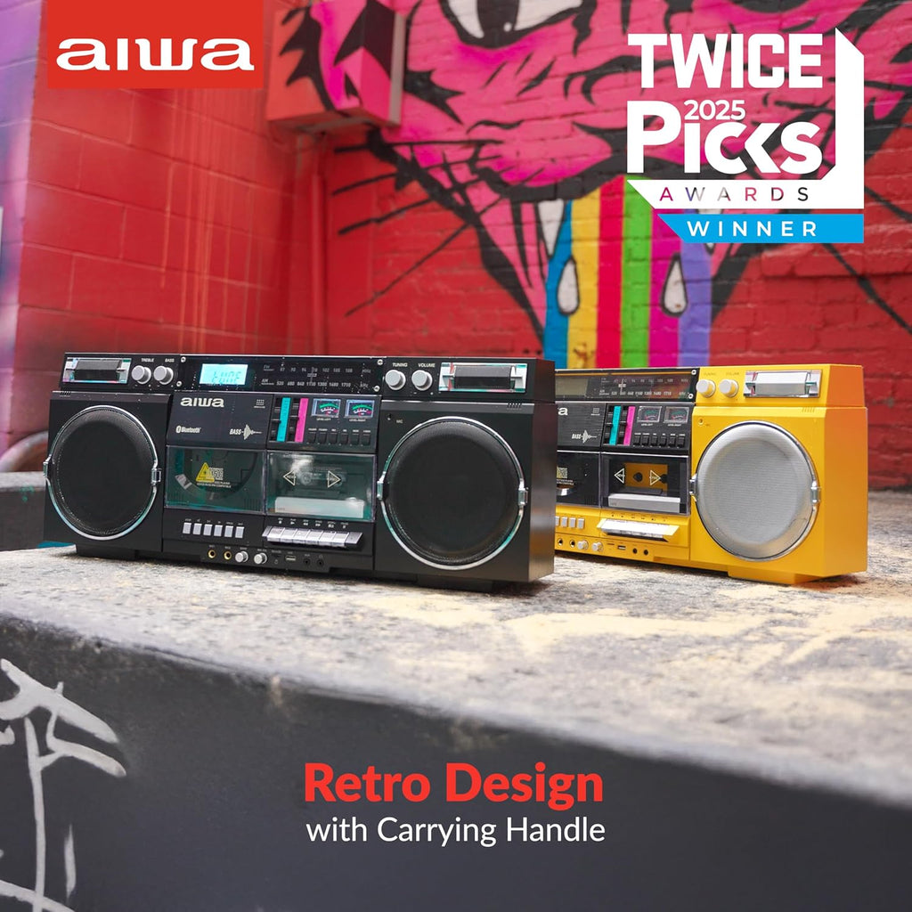 aiwa Retro Boombox CD Player with Cassette Recording, Bluetooth 5.0, FM/AM Radio, USB/SD/AUX Inputs, VU Meters, LCD Display, Dual 40W Speakers - Yellow