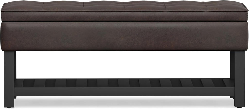SIMPLIHOME Cosmopolitan Storage Ottoman Bench - 44 inch Wide Upholstered Vegan Leather Rectangle Storage Ottoman in Distressed Brown, Transitional Bench for Bedroom with Tufted Lift-Top and Open Shelf