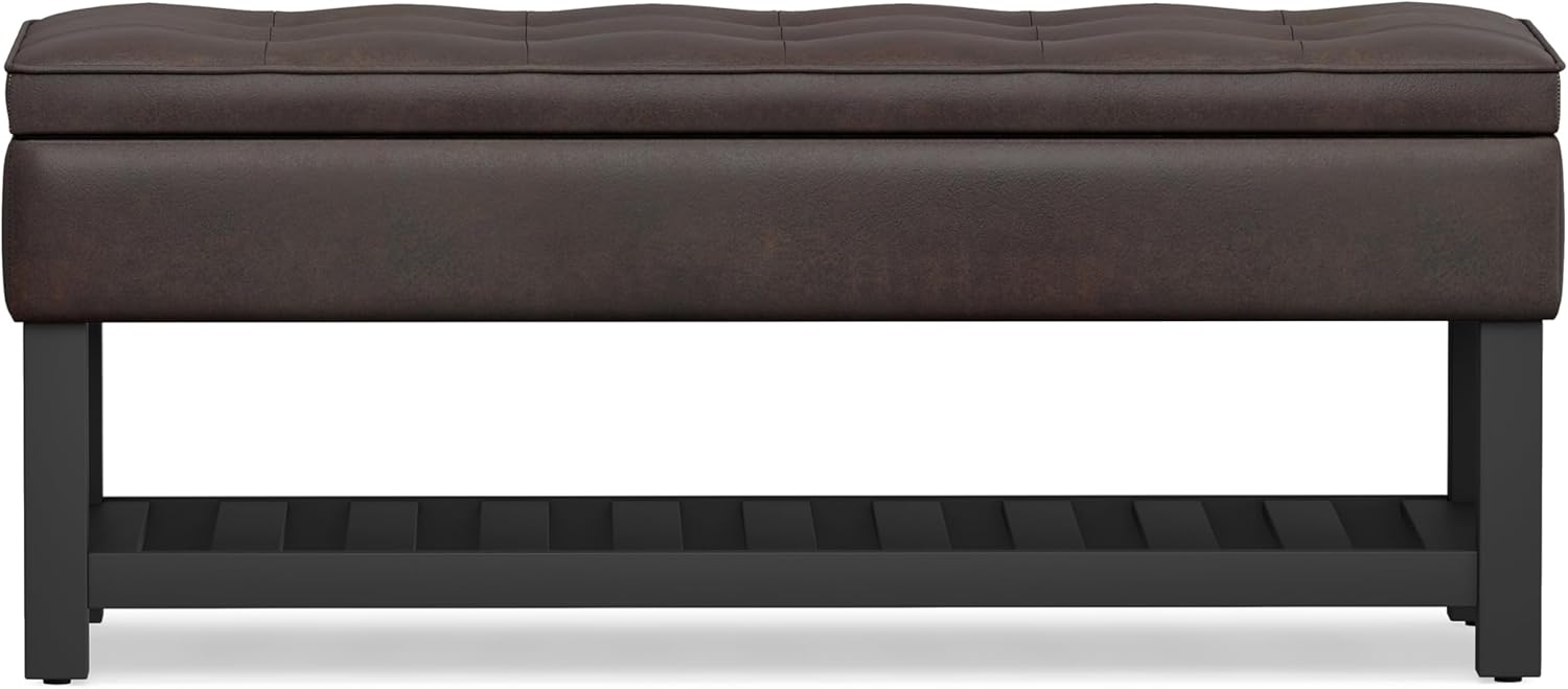 SIMPLIHOME Cosmopolitan Storage Ottoman Bench - 44 inch Wide Upholstered Vegan Leather Rectangle Storage Ottoman in Distressed Brown, Transitional Bench for Bedroom with Tufted Lift-Top and Open Shelf
