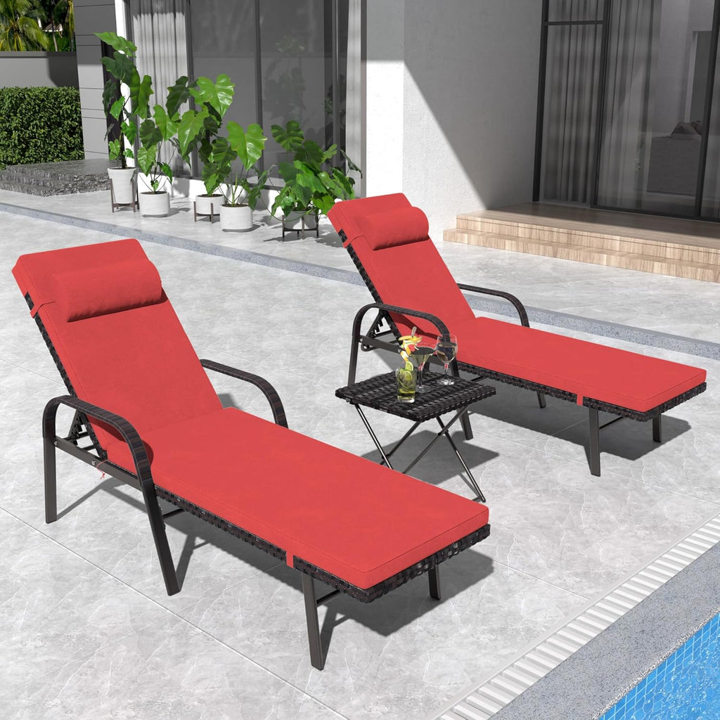 Gotland Patio Chaise Lounge Sets Outdoor Armchair Recliner Rattan Adjustable Back 3 Pieces Cushioned Patio Folding Chaise Lounge with Folding Table