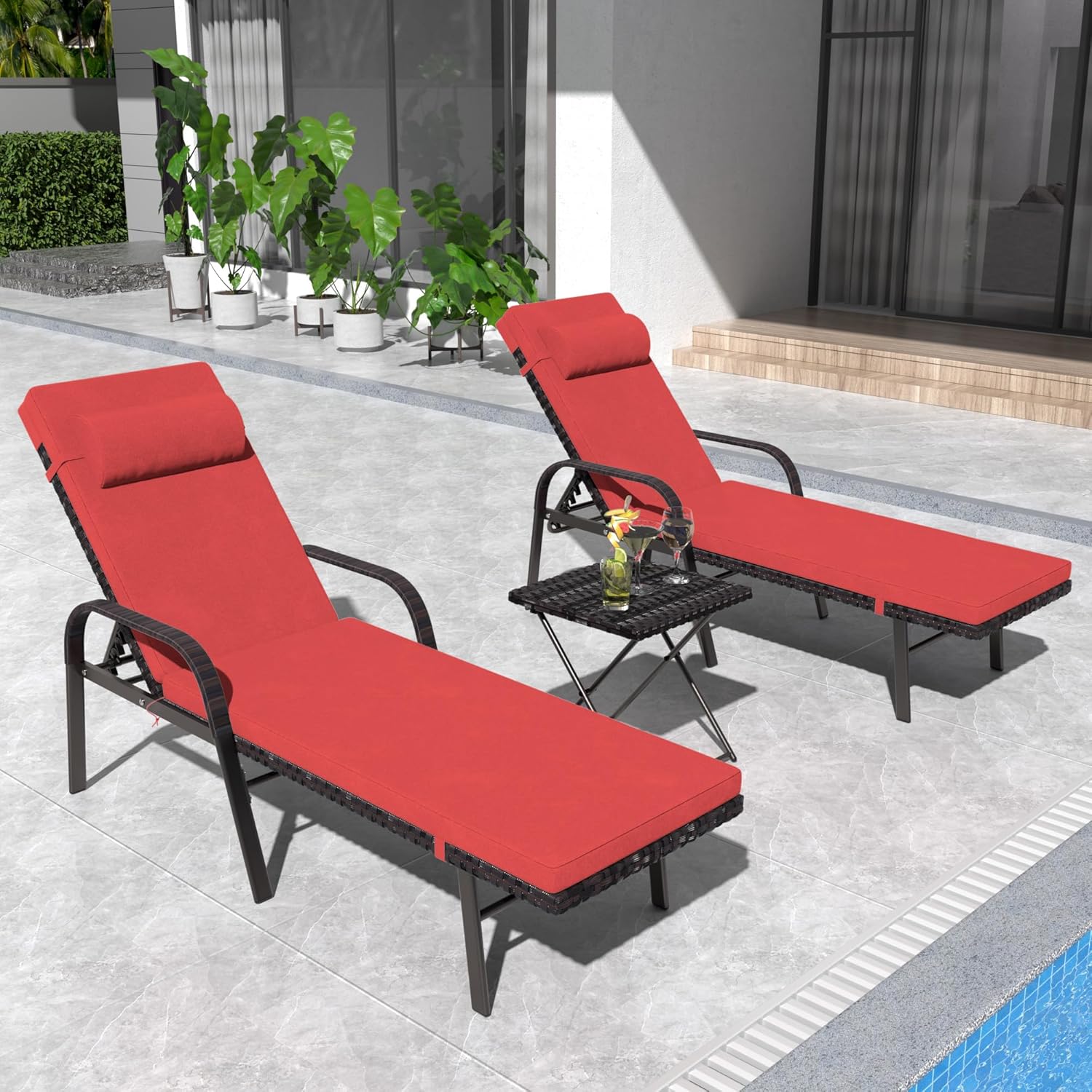 Gotland Patio Chaise Lounge Sets Outdoor Armchair Recliner Rattan Adjustable Back 3 Pieces Cushioned Patio Folding Chaise Lounge with Folding Table