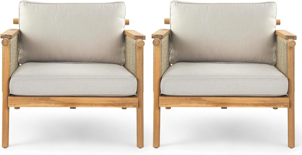 Merax Outdoor Acacia Wood Lounge Chair w/Coushions Set of 2, Patio Club Chair with Rope & Sturdy Wood Legs, All-Wearther Singe Sofa Chair for Porch, Lawn, Backyard, Balcony, Teak+ Beige