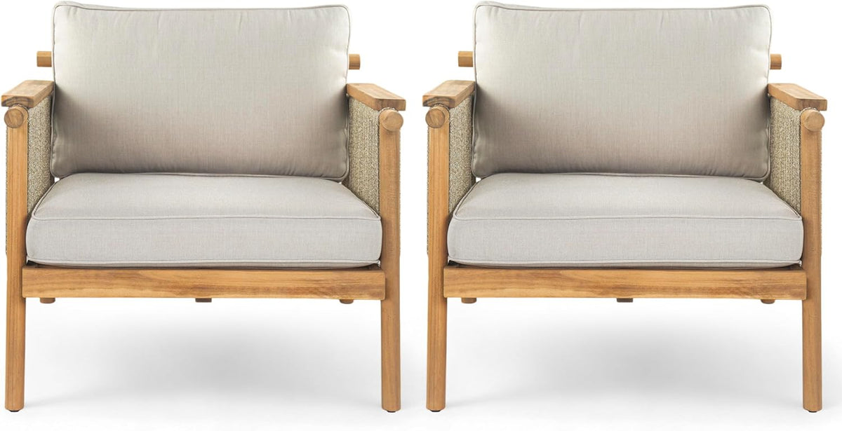 Merax Outdoor Acacia Wood Lounge Chair w/Coushions Set of 2, Patio Club Chair with Rope & Sturdy Wood Legs, All-Wearther Singe Sofa Chair for Porch, Lawn, Backyard, Balcony, Teak+ Beige