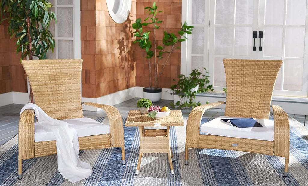 SAFAVIEH Outdoor - Edna 3-Piece Lounge Set - Natural & White - Steel Frame & Faux Rattan with Cushion - Wingback Tropical French Design - Ideal for Patio, Deck, Porch, Backyard (PAT7719D)