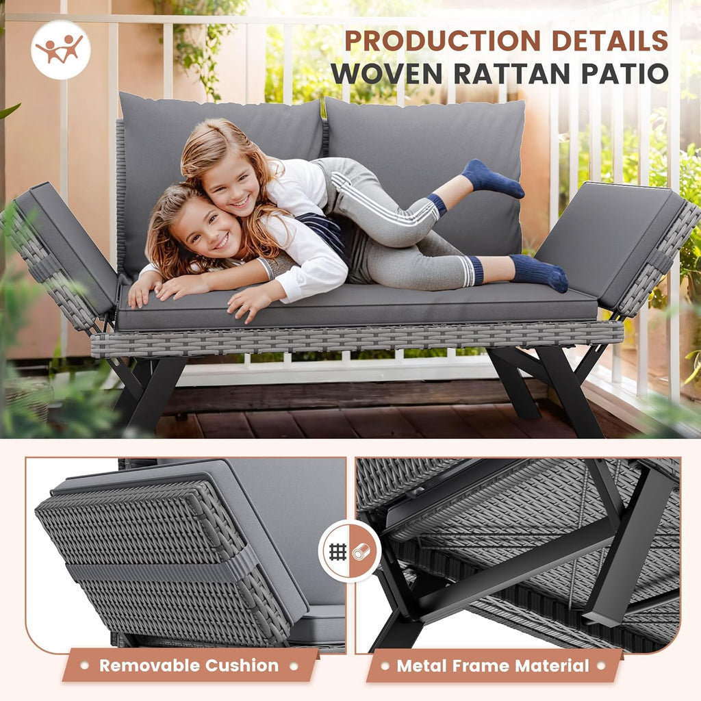 Flamaker Outdoor Convertible Sofa, Woven Rattan Patio Furniture Sunbed with Adjustable Armrests, Removable Cushions and Pillows for Patio, Porch, Pool (Grey Lounger & Grey Pillowcase)