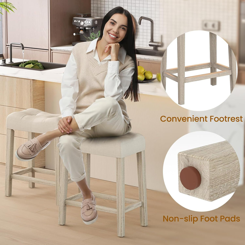 Giantex 24" Bar Stools Set of 4, Upholstered Counter Height Saddle Bar Stools with Footrest and Wood Legs, Farmhouse Button Tufted Backless Barstools for Kitchen Island, Dining Room, Cafe, Beige