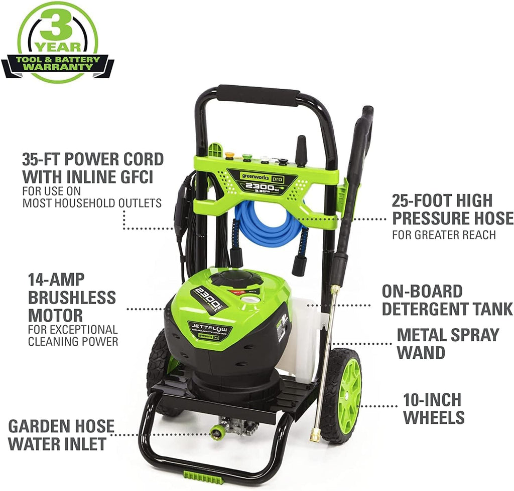 Greenworks 2300 PSI TruBrushless (2.3 GPM) Electric Pressure Washer, 25' Hose, Quick Connect Wand, 15, 24, 40 Degree Soap and Turbo Nozzle